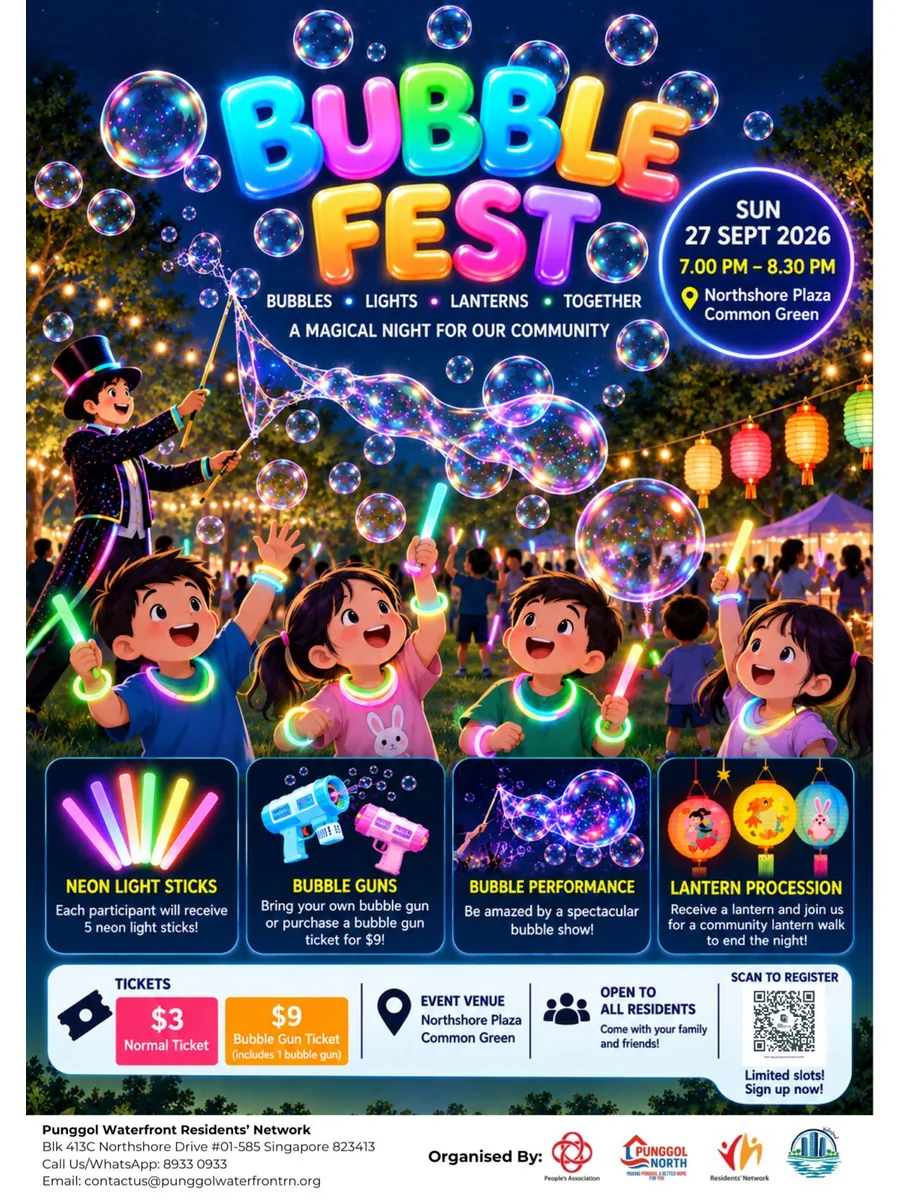 Poster for BUBBLE FEST 2026 Bring your kids down and help us fill the entire Common Green with bubbles!