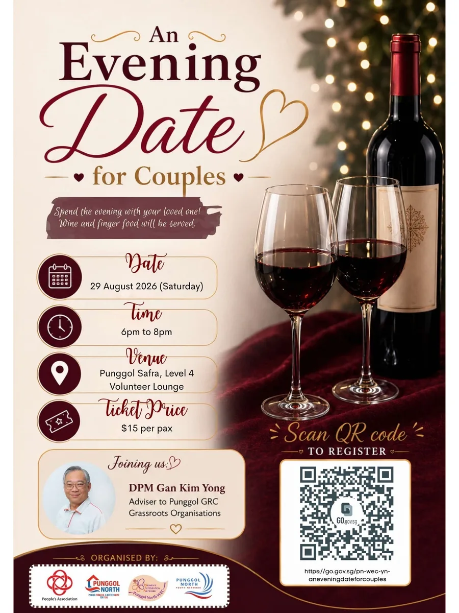 Poster for Looking for a special date night with your loved one? Take a break from the daily hustle and enjoy An Evening Date for Couples – a cosy evening of good company, delicious finger food, and wine.