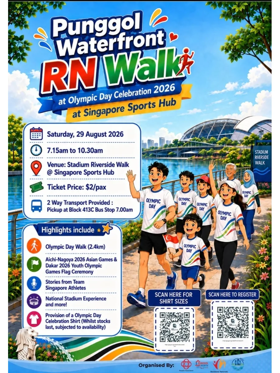 Poster for Get ready for an exciting morning at the Punggol Waterfront RN Walk as part of the Olympic Day Celebration 2026! 🇸🇬